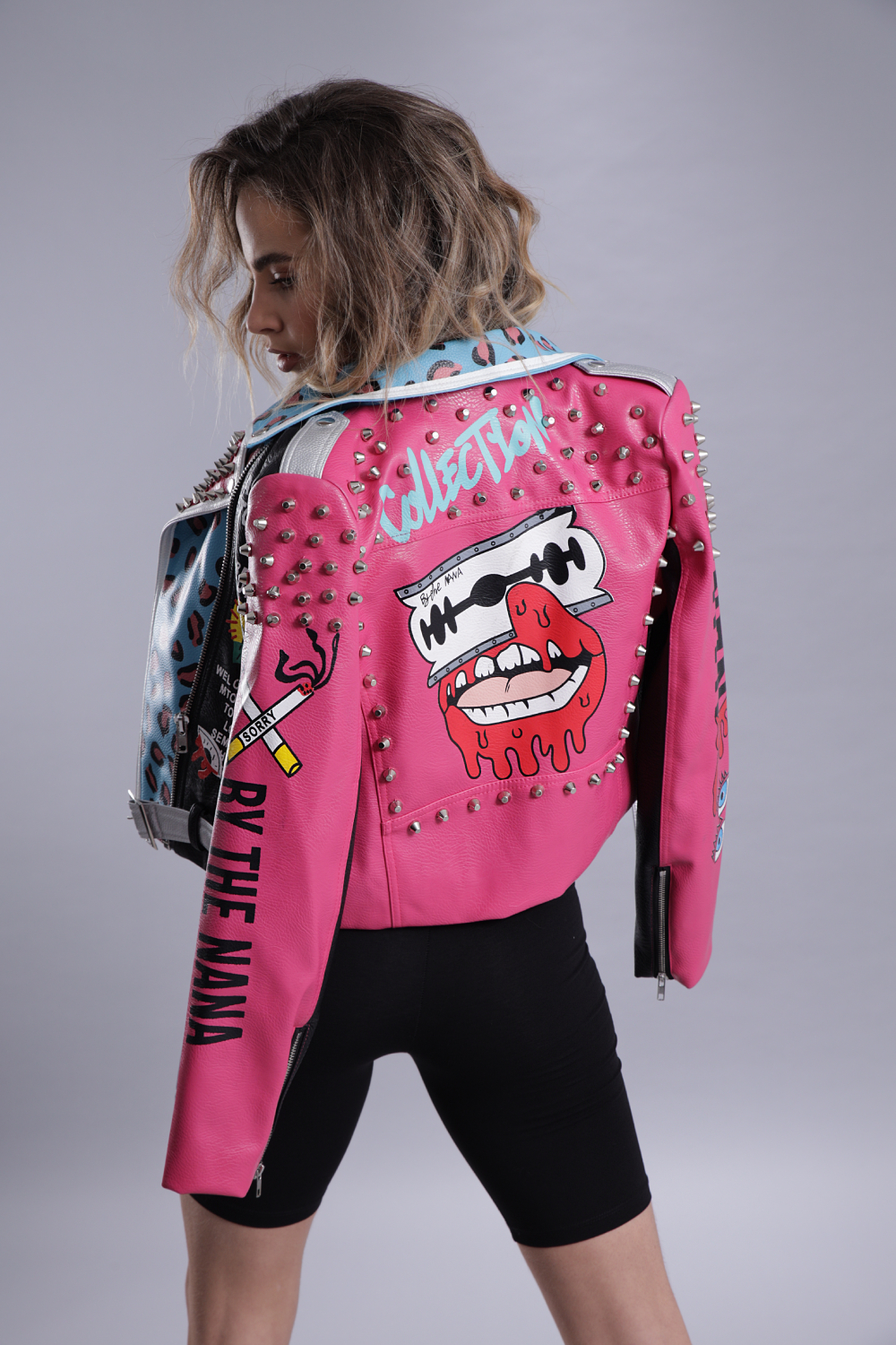 multicolor graffiti studds motorcycle jacket